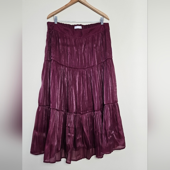 NWT LC Lauren Conrad Silky Burgundy Tiered A-Line Midi Skirt Plus Size XXL 1219 - Picture 2 of 14